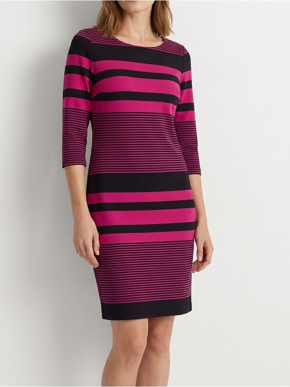 Tahari Black & Hot Pink Striped Shift Dress Three-Quarter Sleeve Office Chic❤️